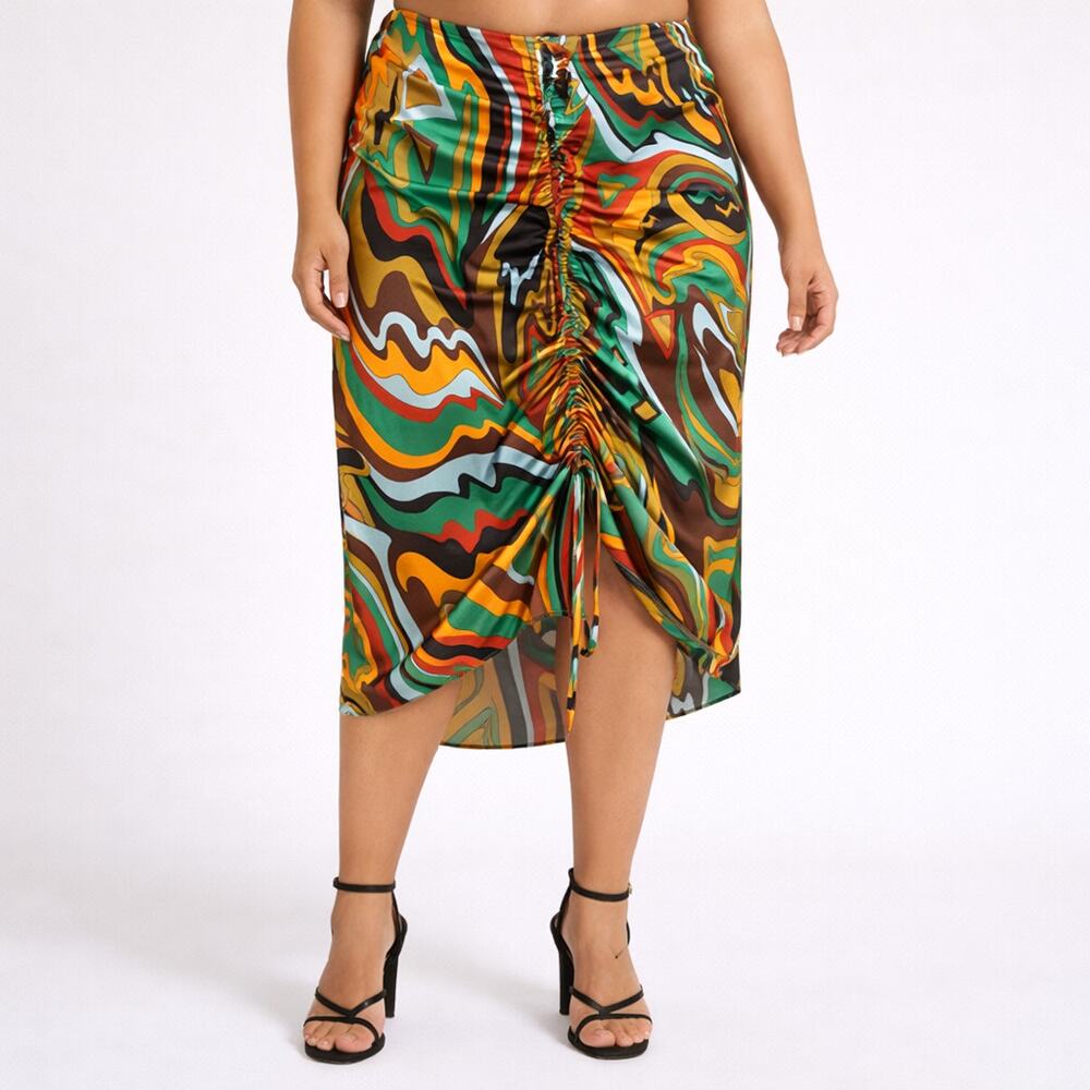 PrettyLittleThing Plus Abstract Ruched Front Midi Skirt NWT US 22